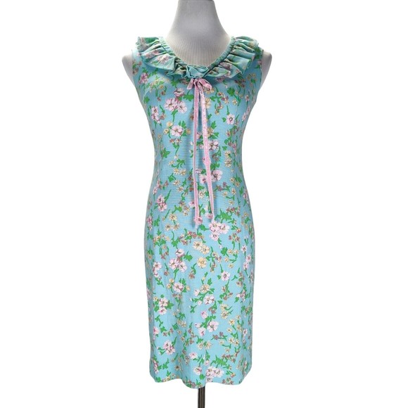 Vintage 60s Blue Dress Size S/M Flower Power Sheath Matching Sheer Jacket - Picture 3 of 16